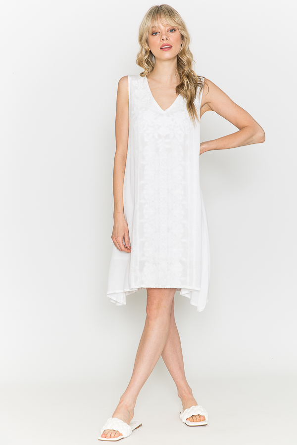 Short White Dress W/White Embroidery